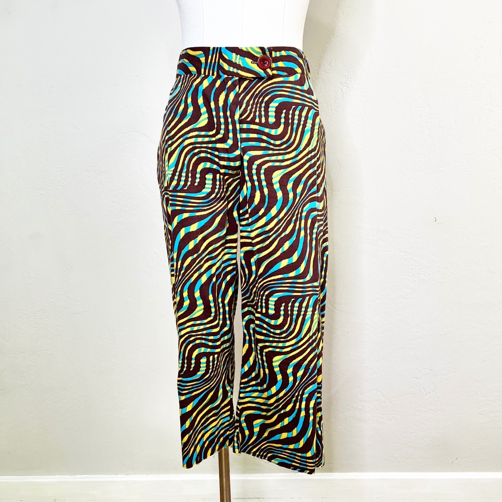 Gimaguas Pants Psychedelic Swirl Print Women Size L Brown Blue Yellow Cut Off‎